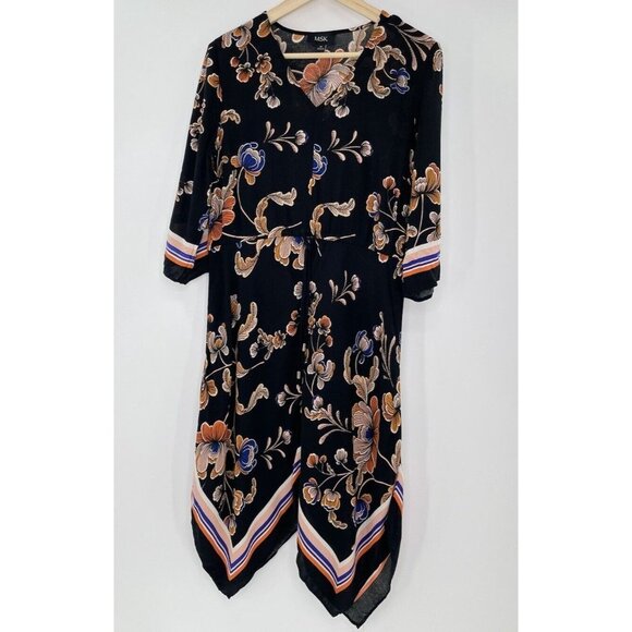 MSK‎ Women’s Black Floral Handkerchief Hem Dress Size Medium - Picture 1 of 13